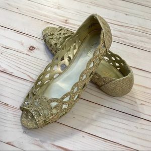 Nicole Gold & Rhinestone Peeptoe Flats Size 7